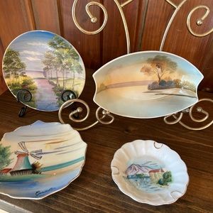 Meito China hand painted landscape, chinoiserie, Asian decor, blue white